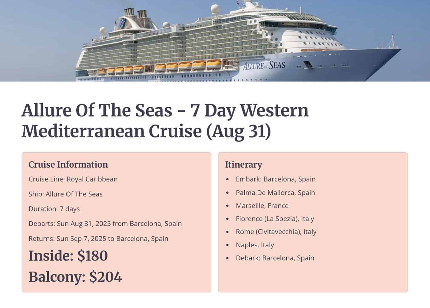Celebrity Allure of the Seas 7-day Western Mediterranean cruise - summer 2025 cruise deals